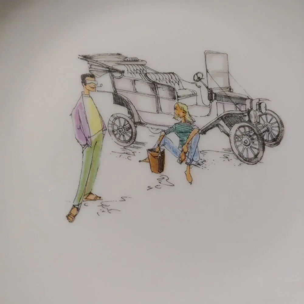 Vintage Bavaria Porcelain Serving Dish Gold Trim Whimsical Car Illustration Rare